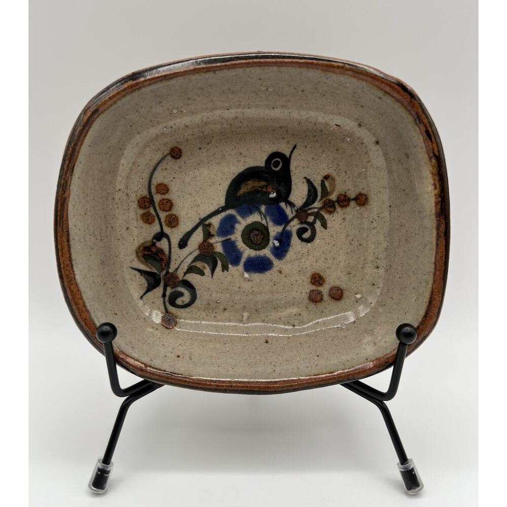 Tonala Mexican Pottery Small Rectangle Side Dish w Bird 5.5” x 4.75” Signed